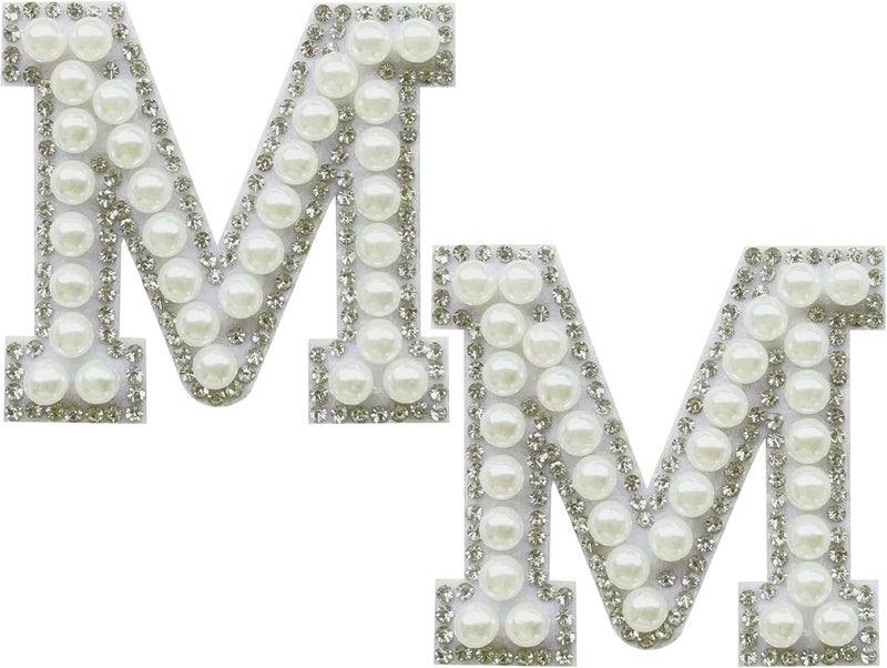 SOYCEV 2PCS White Pearl Iron on Letter Patches Rhinestone Letter Patches Sequin Letter Patches Sparkly Letter Patches for Backpacks Clothing (M) - Image 1